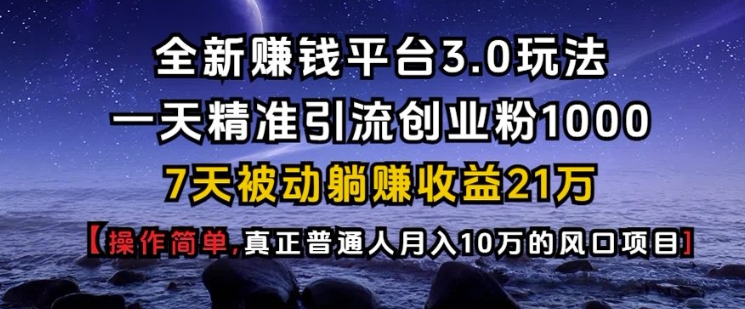 全新赚钱平台3.0玩法一天精准引流创业粉1000.7天被动躺Z收益21W【仅揭秘】-非凡网-资源网-最新项目分享平台