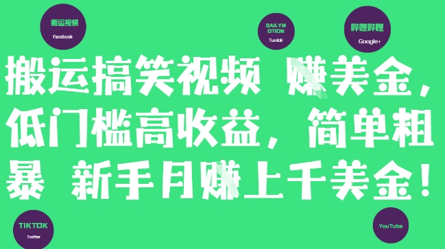 搬运搞笑视频挣美金，低门槛高收益，简单粗暴新手月入上千美刀-非凡网-资源网-最新项目分享平台