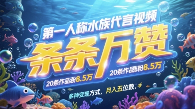 第一人称水族代言视频，条条万赞，20条作品涨粉7.8W，多种变现方式月入五位数-非凡网-资源网-最新项目分享平台