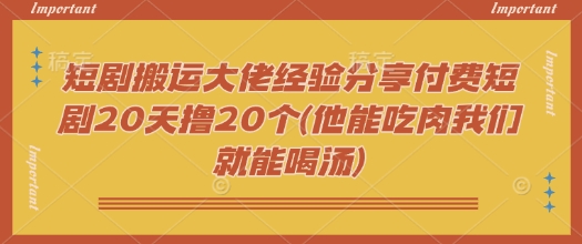 短剧搬运大佬经验分享付费短剧20天撸20个(他能吃肉我们就能喝汤)-非凡网-资源网-最新项目分享网站