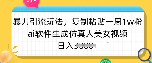 暴力引流玩法，复制粘贴一周1w粉，ai软件生成仿真人美女视频，日入多张-非凡网-资源网-最新项目分享网站