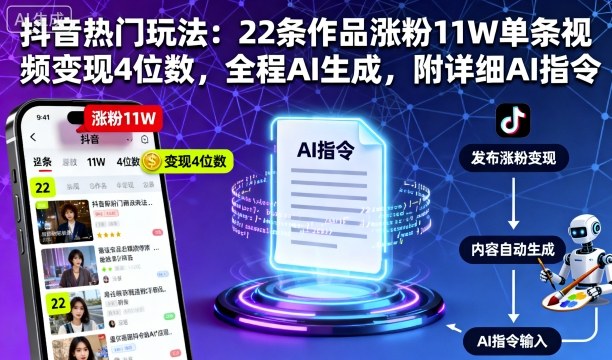抖音热门玩法：22条作品涨粉11W单条视频变现4位数，全程AI生成，附详细AI指令-非凡网-资源网-最新项目分享网站