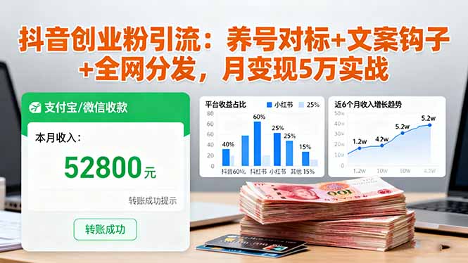 抖音创业粉引流：养号对标+文案钩子+全网分发，月变现5万实战-非凡网-资源网-最新项目分享网站