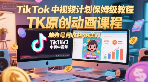 TikTok中视频计划保姆级教程，TK原创动画课程，单账号月收益4k美刀-非凡网-资源网-最新项目分享网站