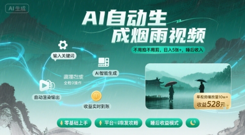 不用拍不用剪！AI自动生成烟雨视频，日入5张+，睡后收入-非凡网-资源网-最新项目分享网站