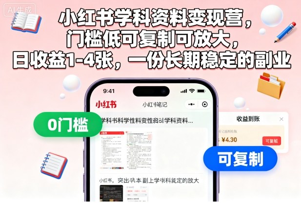 小红书学科资料变现营，门槛低可复制可放大，日收益1-4张，一份长期稳定的副业-非凡网-资源网-最新项目分享网站