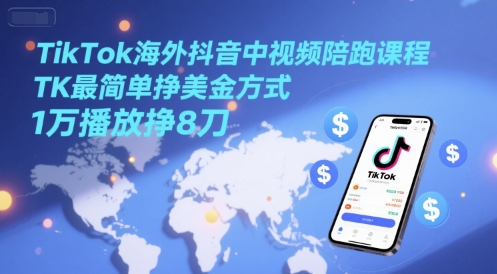 TikTok海外抖音中视频陪跑课程，TK最简单挣美金方式，1万播放挣8刀-非凡网-资源网-最新项目分享网站