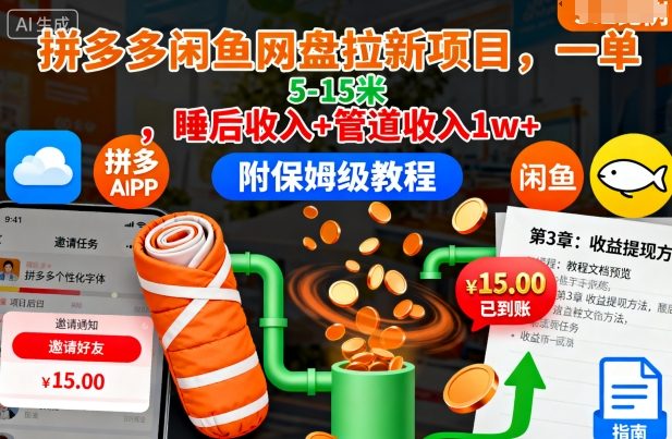 拼多多闲鱼网盘拉新项目，一单5-15米，睡后收入+管道收入1w+(附保姆级教程)-非凡网-资源网-最新项目分享网站