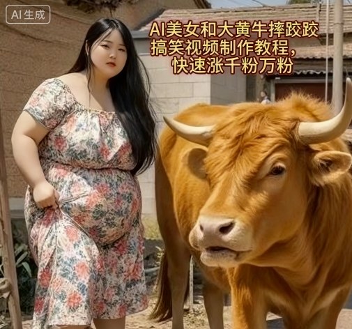 AI美女和大黄牛摔跤搞笑荒诞视频制作教程，快速涨千粉万粉-非凡网-资源网-最新项目分享网站