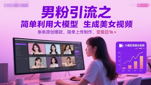 男粉引流之简单利用大模型生成美女视频，条条原创爆款，简单上传制作，变现日1k+-非凡网-资源网-最新项目分享网站