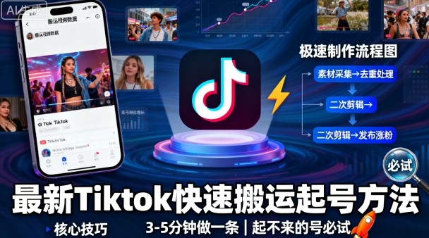 最新Tiktok快速搬运快速起号方法，3-5分钟做一条，起不来的号可以试试-非凡网-资源网-最新项目分享网站