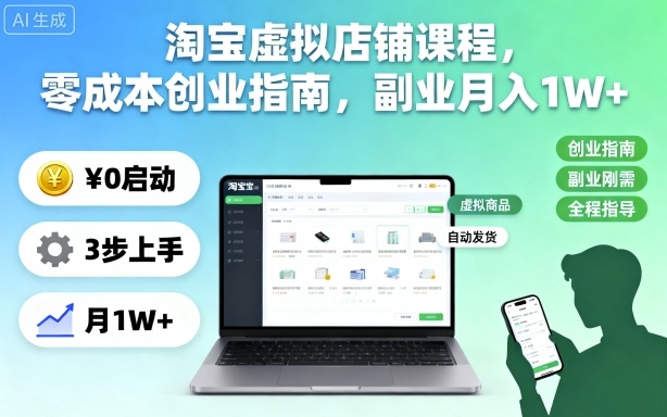 淘宝虚拟店铺课程,零成本创业指南,副业月入1W+-非凡网-资源网-最新项目分享网站