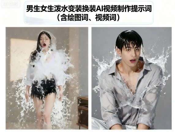 男生女生泼水变装换装AI视频制作提示词(含绘图词、视频词)-非凡网-资源网-最新项目分享网站