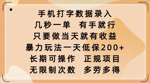 手机打字数据录入，几秒一单，有手就行，只要做当天就有收益，暴力玩法一天低保2张-非凡网-资源网-最新项目分享网站
