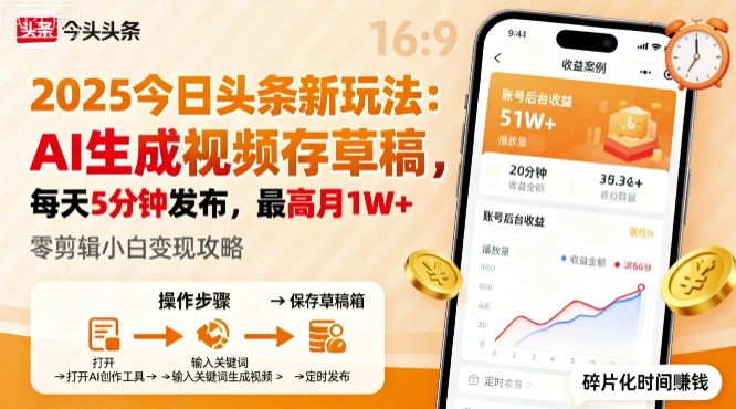 2025年今日头条躺賺新玩法，AI生成视频存草稿，每天5分钟发布，最高月1W+【揭秘】-非凡网-资源网-最新项目分享网站
