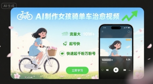 AI制作女孩骑单车治愈视频，流量大，起号快，快速起千粉万粉号-非凡网-资源网-最新项目分享网站
