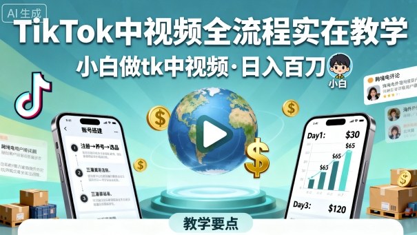 TikTok中视频全流程实操教学，小白做tk中视频，日入百刀-非凡网-资源网-最新项目分享网站