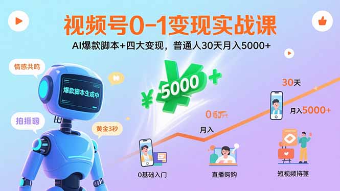 视频号0-1变现实战课：AI爆款脚本+四大变现，普通人30天月入5000+-非凡网-资源网-最新项目分享网站