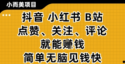 小而美的项目，抖音小红书B站视频点赞、关注、评论就能挣钱，简单无脑立见收益，妥妥的零撸项目【揭秘】-非凡网-资源网-最新项目分享网站